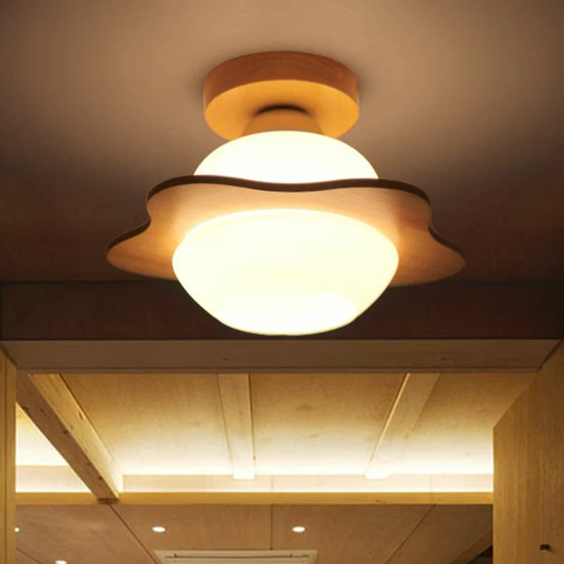 Plafonnier nordique à 1 lumière en verre crème pour couloir de fleurs, luminaire semi-encastré en bois Clearhalo