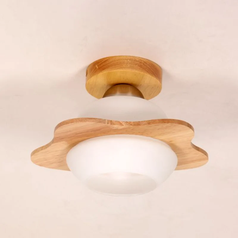Plafonnier nordique à 1 lumière en verre crème pour couloir de fleurs, luminaire semi-encastré en bois Clearhalo