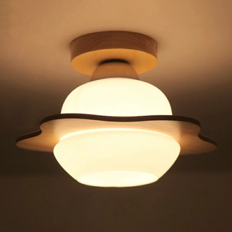 Plafonnier nordique à 1 lumière en verre crème pour couloir de fleurs, luminaire semi-encastré en bois Clearhalo