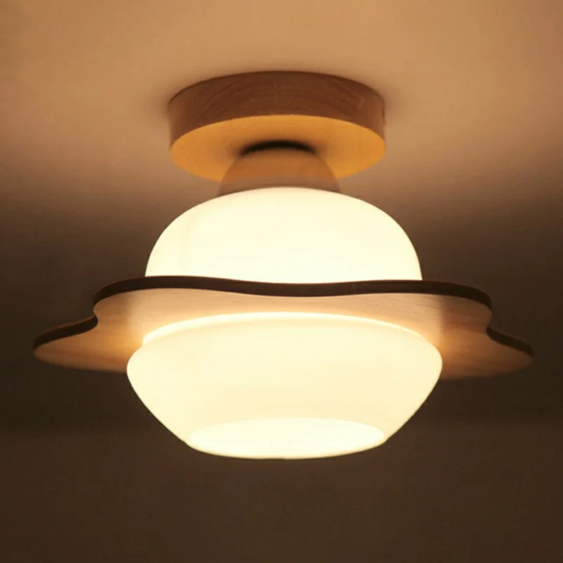 Plafonnier nordique à 1 lumière en verre crème pour couloir de fleurs, luminaire semi-encastré en bois Clearhalo