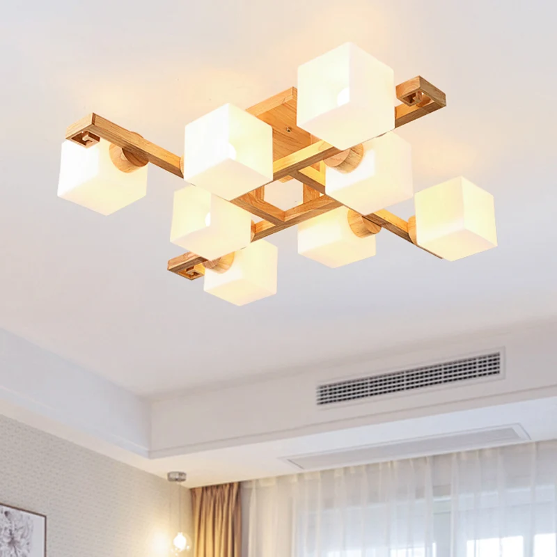 Plafonnier nordique semi-encastré en verre blanc avec auvent en bois Clearhalo