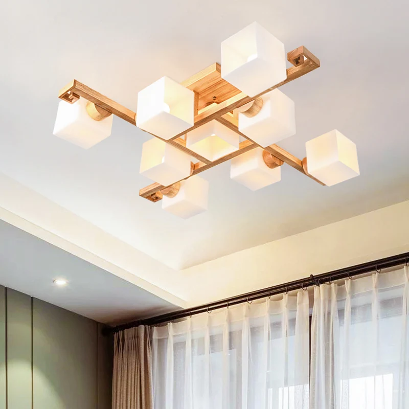 Plafonnier nordique semi-encastré en verre blanc avec auvent en bois Clearhalo