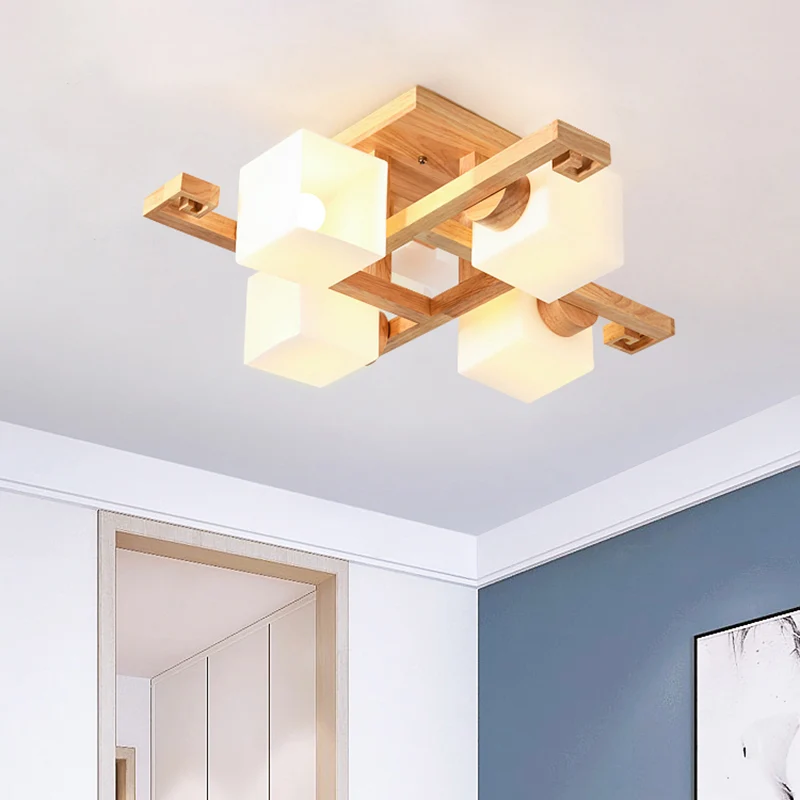 Plafonnier nordique semi-encastré en verre blanc avec auvent en bois Clearhalo