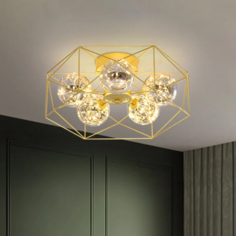 Plafonnier orbe en verre gris fumé, éclairage Semi-monté Simple à 5 têtes avec cage hexagonale en métal Clearhalo