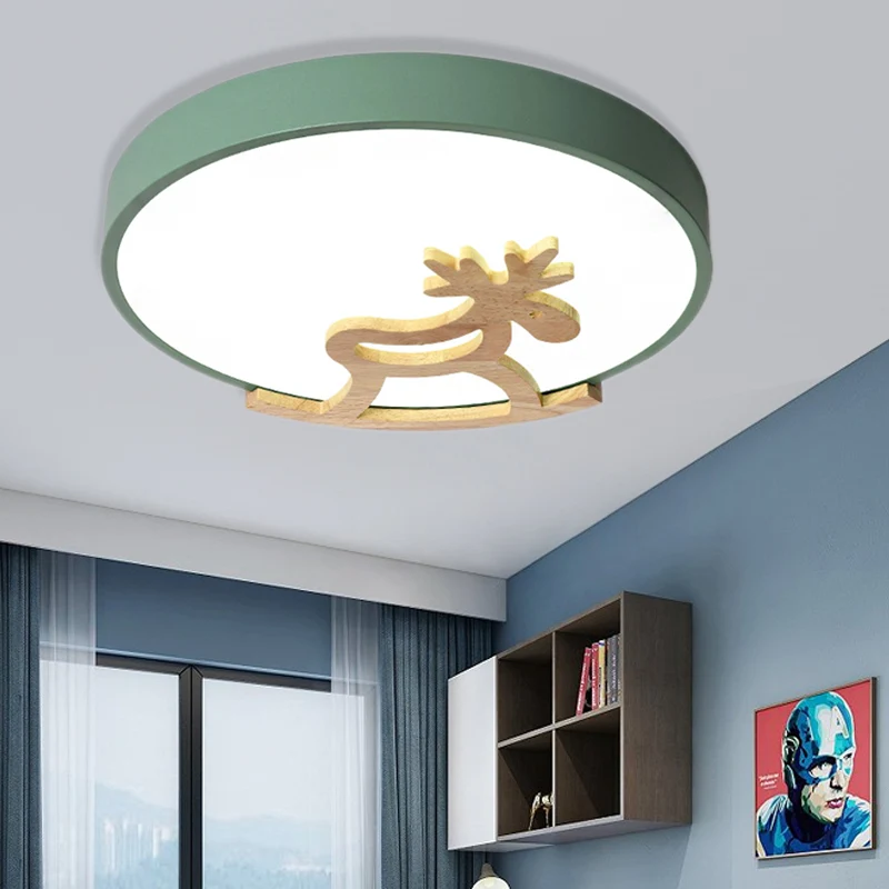 Plafonnier rond encastré pour enfants, en acrylique, LED, pour chambre à coucher, gris/blanc, avec décoration de cerf en b...