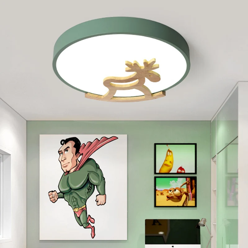 Plafonnier rond encastré pour enfants, en acrylique, LED, pour chambre à coucher, gris/blanc, avec décoration de cerf en b...