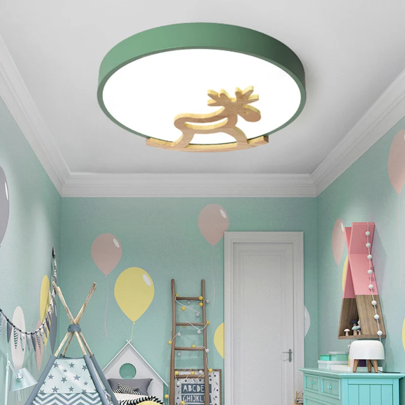 Plafonnier rond encastré pour enfants, en acrylique, LED, pour chambre à coucher, gris/blanc, avec décoration de cerf en b...