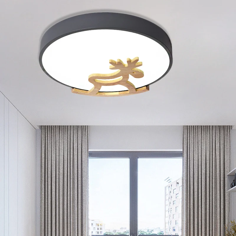 Plafonnier rond encastré pour enfants, en acrylique, LED, pour chambre à coucher, gris/blanc, avec décoration de cerf en b...