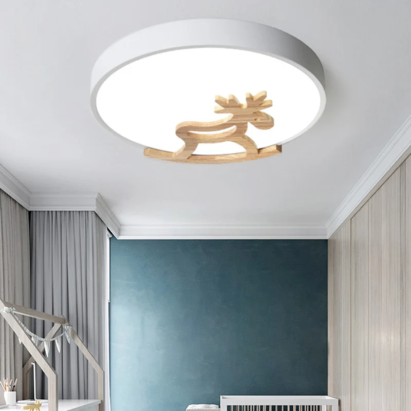 Plafonnier rond encastré pour enfants, en acrylique, LED, pour chambre à coucher, gris/blanc, avec décoration de cerf en b...