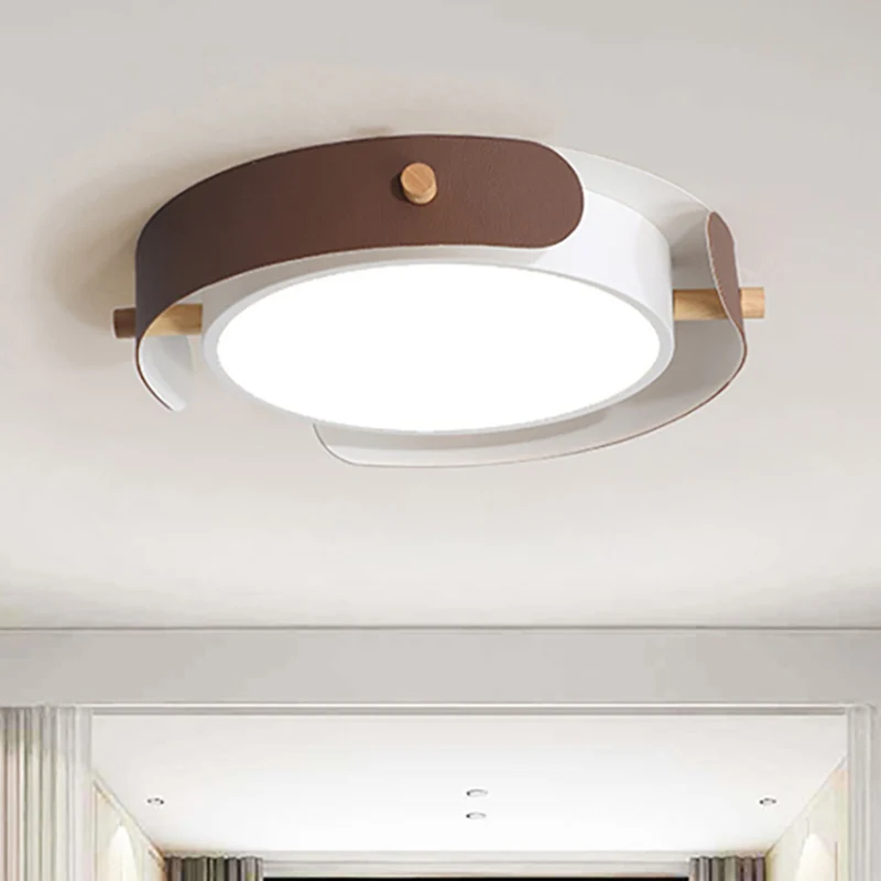 Plafonnier rond de style nordique en métal blanc/marron avec diffuseur, 16"/19,5" W Clearhalo