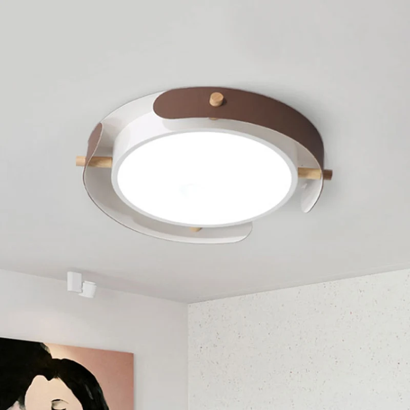 Plafonnier rond de style nordique en métal blanc/marron avec diffuseur, 16"/19,5" W Clearhalo