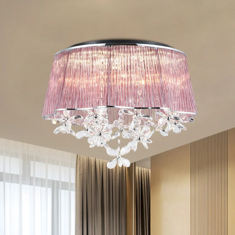 Plafonnier rose à tiges de cristal, abat-jour tambour festonné, plafonnier moderniste à 3 lumières avec gouttes de fleurs...
