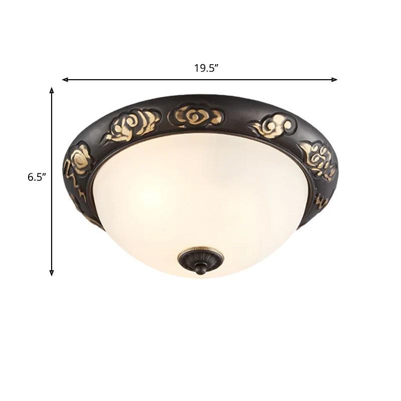 Plafonnier rétro en verre de lait de 15/19.5 pouces de large, noir et or, en forme de dôme, 3/4 lumières, luminaire encast...