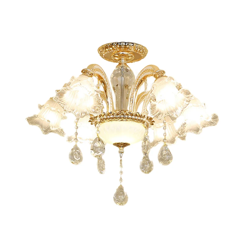 Plafonnier semi-affleurant en forme de fleur en cristal K9 coupé à la main, 6 lumières du milieu du siècle, luminaire de p...