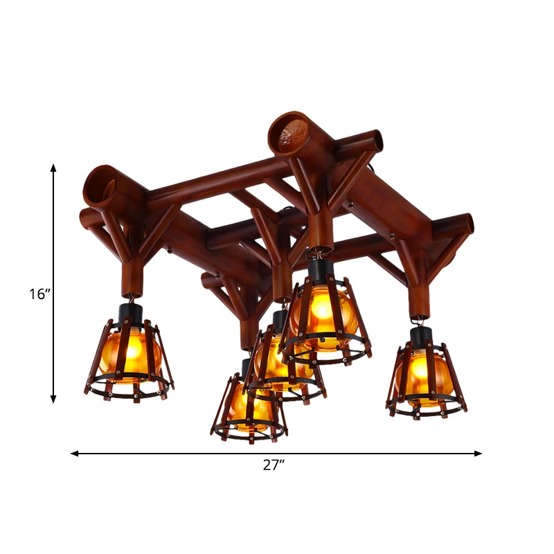 Plafonnier semi-encastré en bois à cage conique à 5 têtes, marron Clearhalo