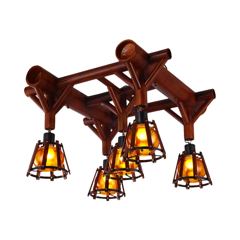 Plafonnier semi-encastré en bois à cage conique à 5 têtes, marron Clearhalo