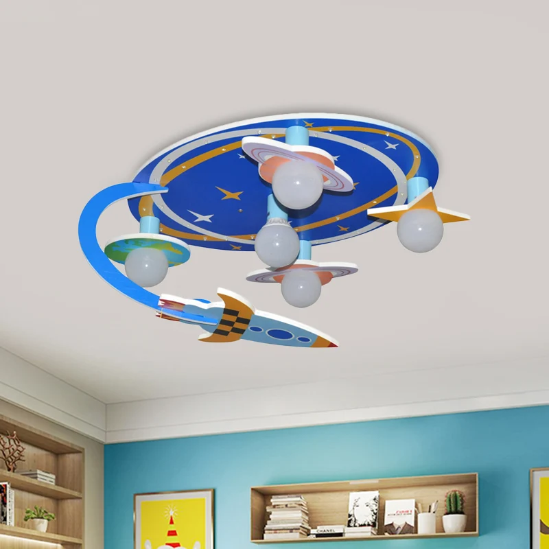 Plafonnier semi-encastré en bois ciel étoilé, style nordique, finition bleue, 5 lumières, pour chambre à coucher Clearhalo