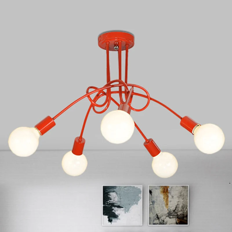 Plafonnier semi-encastré à bras incurvé en métal contemporain, 3/5 lumières, bleu/rouge Clearhalo
