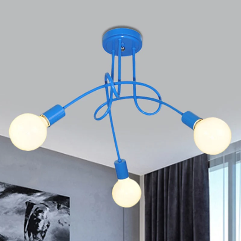 Plafonnier semi-encastré à bras incurvé en métal contemporain, 3/5 lumières, bleu/rouge Clearhalo