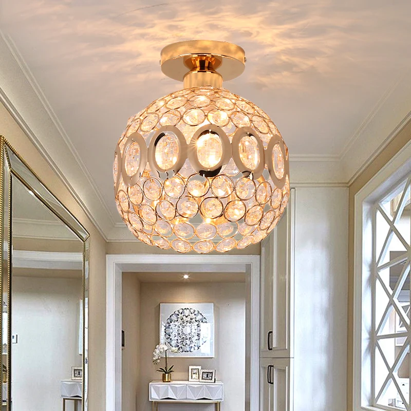 Plafonnier semi-encastré contemporain à 1 lumière avec abat-jour en cristal et métal, plafonnier à dôme doré Clearhalo