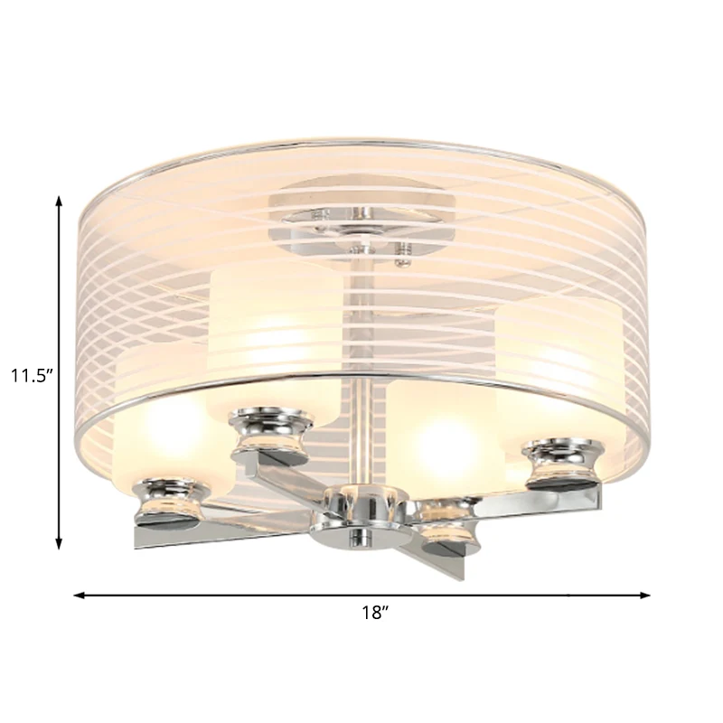Plafonnier semi-encastré contemporain à 4 lumières en verre blanc cylindrique, luminaire de plafond semi-encastré chromé a...