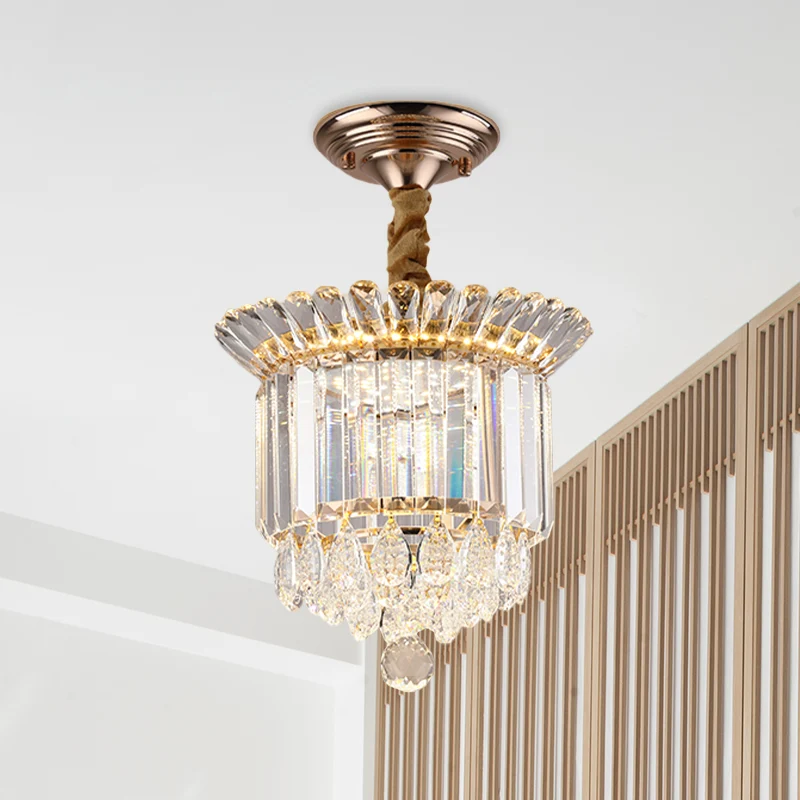 Plafonnier semi-encastré à LED en cristal transparent, galerie cylindrique dorée, proche du plafond, avec gouttes Clearhalo