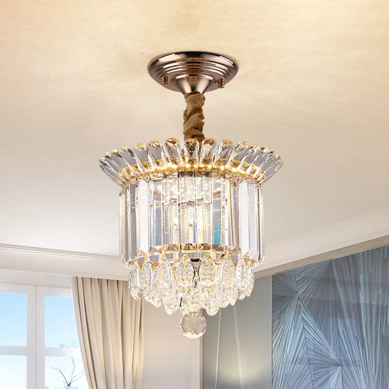 Plafonnier semi-encastré à LED en cristal transparent, galerie cylindrique dorée, proche du plafond, avec gouttes Clearhalo