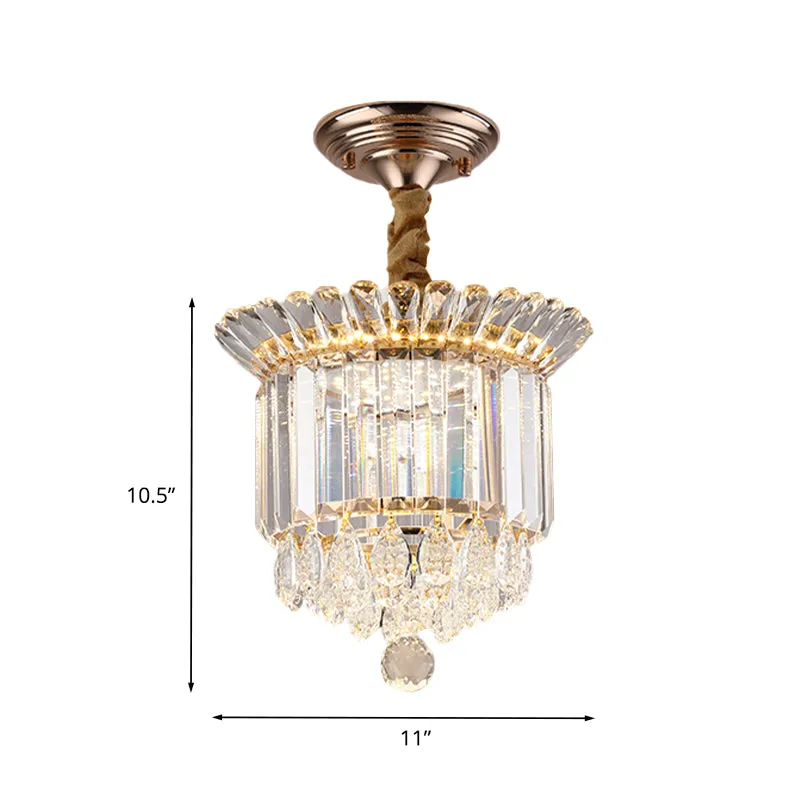 Plafonnier semi-encastré à LED en cristal transparent, galerie cylindrique dorée, proche du plafond, avec gouttes Clearhalo