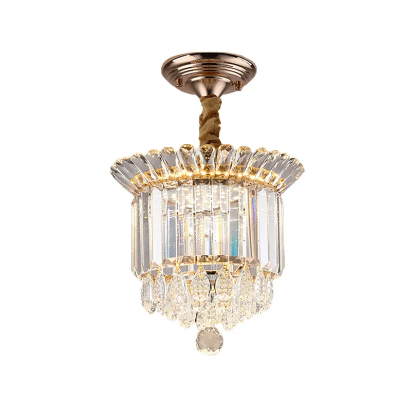 Plafonnier semi-encastré à LED en cristal transparent, galerie cylindrique dorée, proche du plafond, avec gouttes Clearhalo