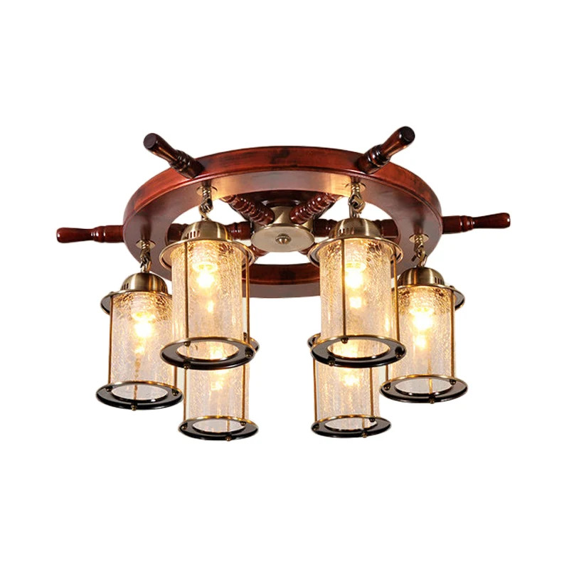 Plafonnier semi-encastré à 6 lumières en forme de cylindre de ferme en verre craquelé transparent doré avec gouvernail en...