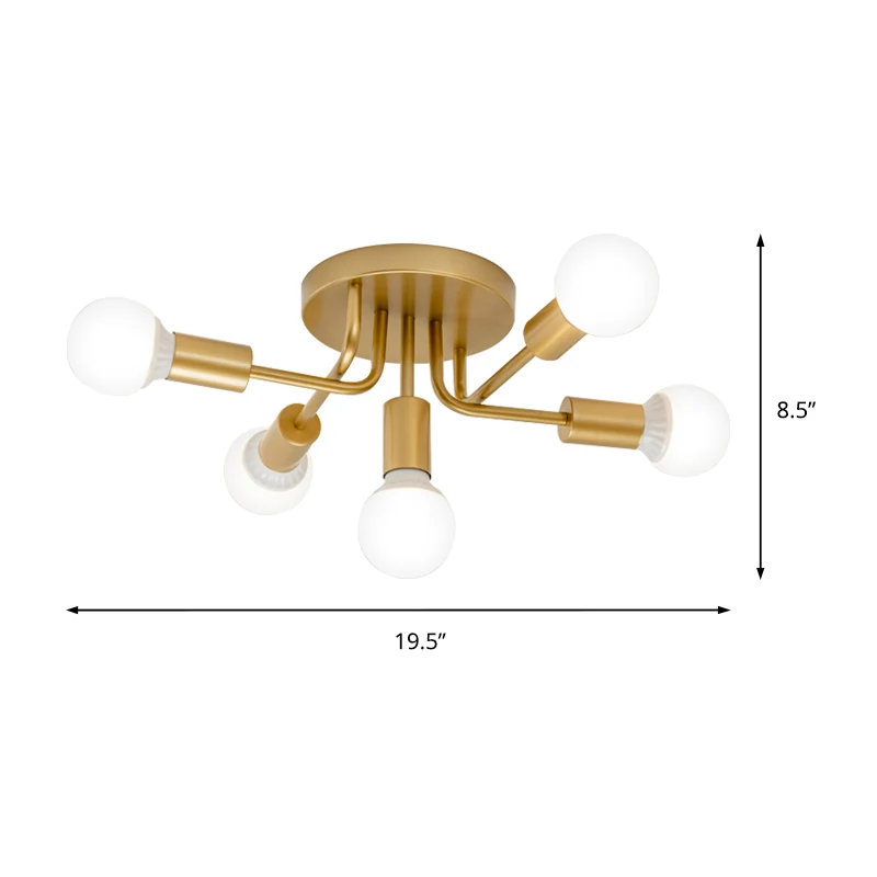 Plafonnier semi-encastré moderne à bras incurvés en métal, 5 lumières, pour salle à manger, noir/or Clearhalo