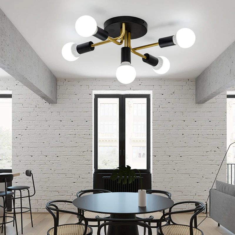 Plafonnier semi-encastré moderne à bras incurvés en métal, 5 lumières, pour salle à manger, noir/or Clearhalo