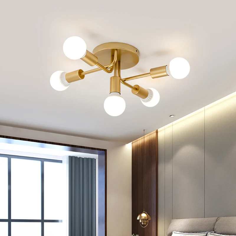 Plafonnier semi-encastré moderne à bras incurvés en métal, 5 lumières, pour salle à manger, noir/or Clearhalo