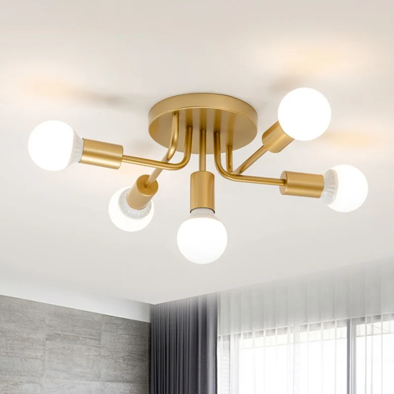 Plafonnier semi-encastré moderne à bras incurvés en métal, 5 lumières, pour salle à manger, noir/or Clearhalo