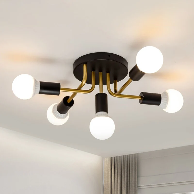 Plafonnier semi-encastré moderne à bras incurvés en métal, 5 lumières, pour salle à manger, noir/or Clearhalo