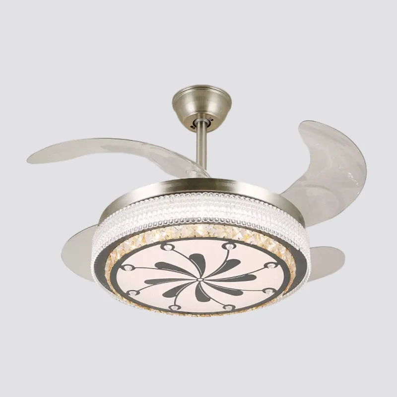 Plafonnier semi-encastré à 4 pales en cristal Simplicity LED avec ventilateur suspendu en argent, 48,3 cm de large Clearhalo