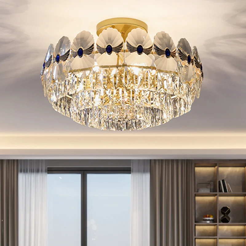 Plafonnier semi-encastré à plusieurs niveaux en cristal biseauté artistique pour salon, luminaire de plafond en or Clearhalo