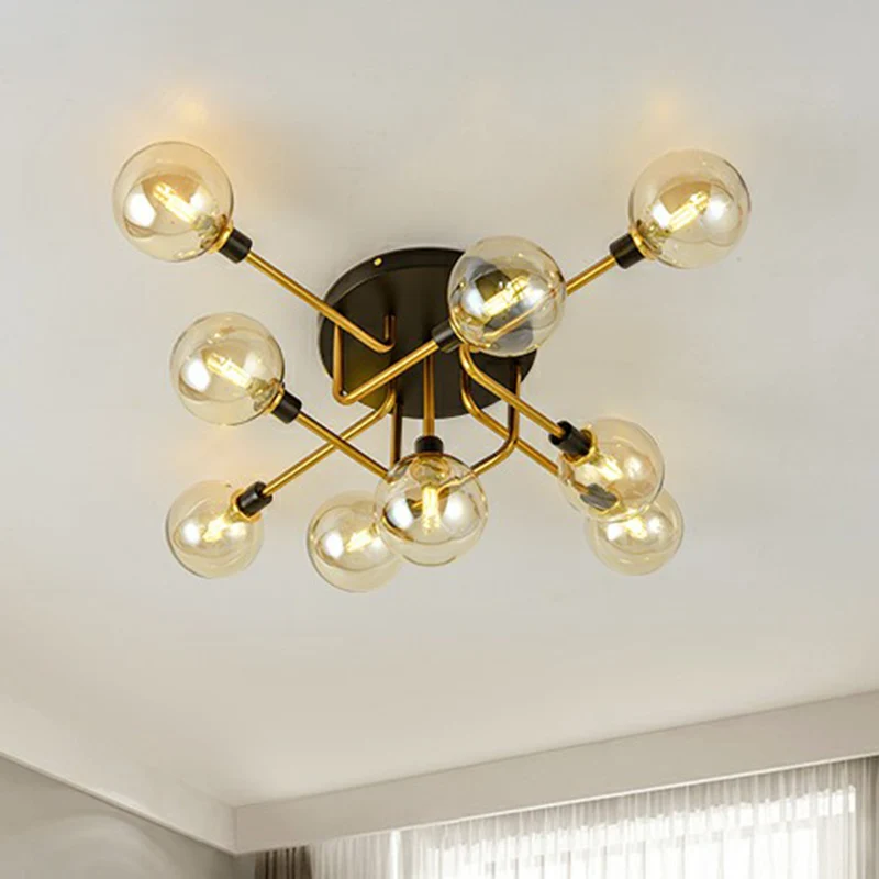Plafonnier semi-encastré postmoderne en verre à 5 lumières pour chambre à coucher, plafonnier semi-encastré en laiton noir...