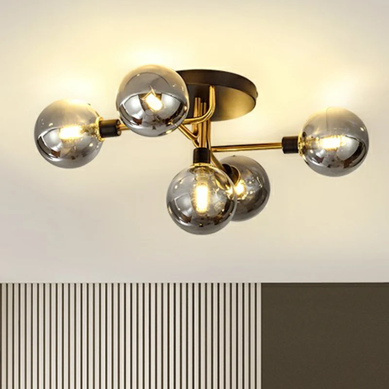Plafonnier semi-encastré postmoderne en verre à 5 lumières pour chambre à coucher, plafonnier semi-encastré en laiton noir...