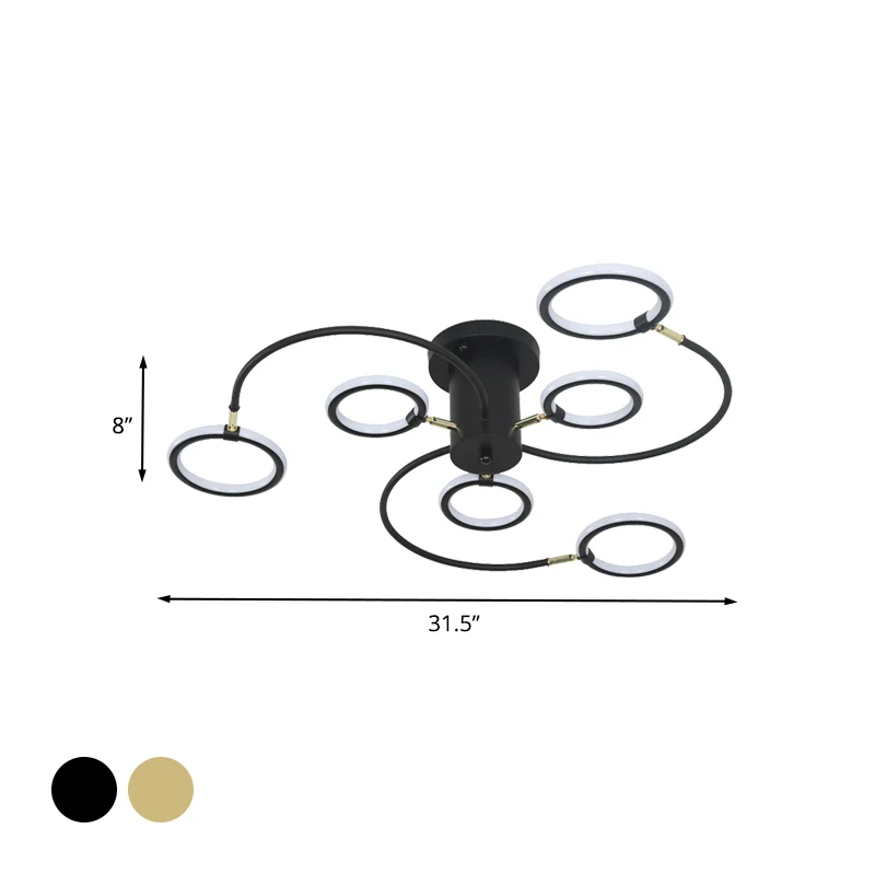 Plafonnier Semi-encastré à tourbillon noir/or, éclairage moderne en acrylique avec anneaux pour chambre à coucher Clearhalo