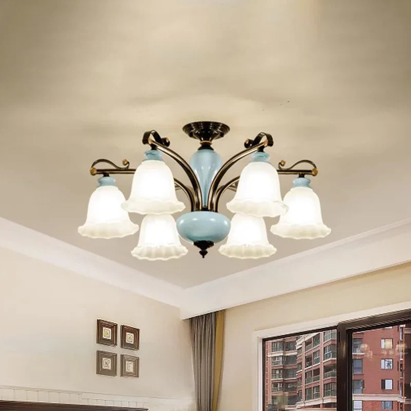 Plafonnier semi-encastré en verre blanc fleur, lampe traditionnelle à 6/8 têtes pour chambre à coucher Clearhalo