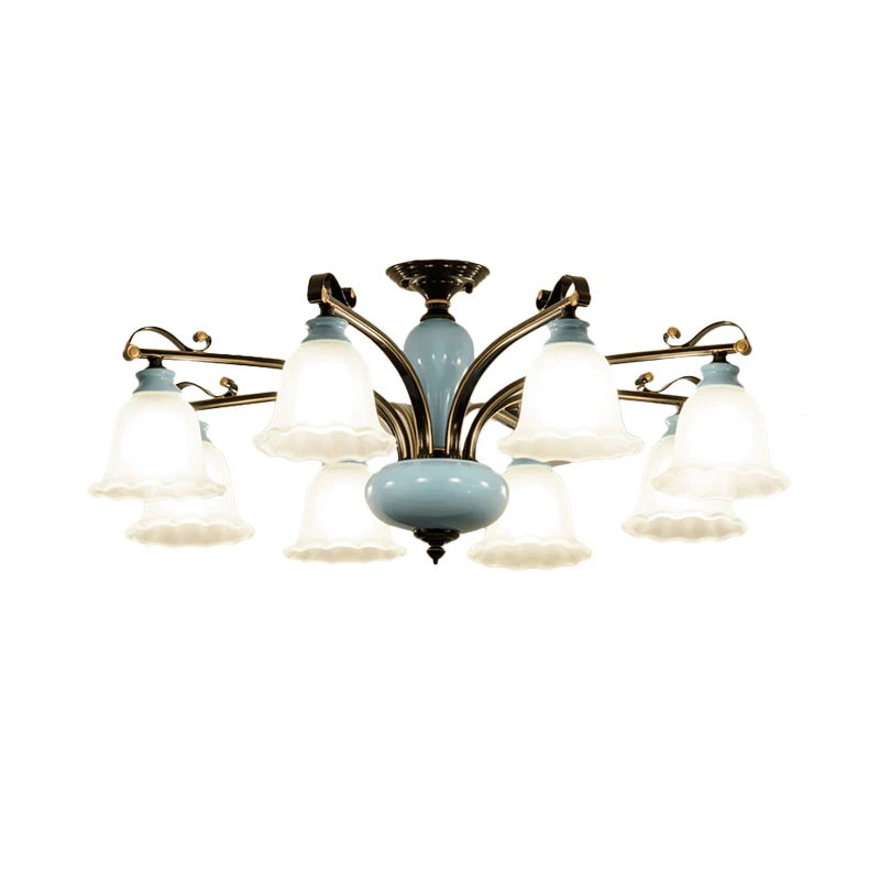 Plafonnier semi-encastré en verre blanc fleur, lampe traditionnelle à 6/8 têtes pour chambre à coucher Clearhalo