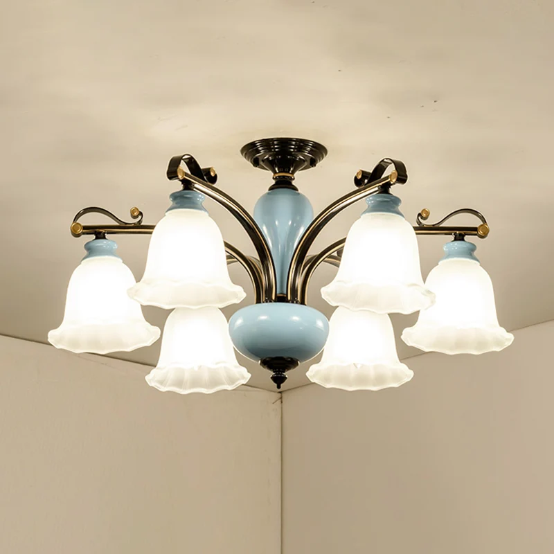 Plafonnier semi-encastré en verre blanc fleur, lampe traditionnelle à 6/8 têtes pour chambre à coucher Clearhalo
