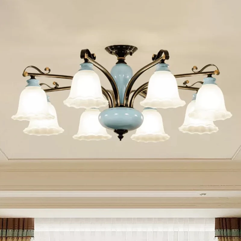 Plafonnier semi-encastré en verre blanc fleur, lampe traditionnelle à 6/8 têtes pour chambre à coucher Clearhalo