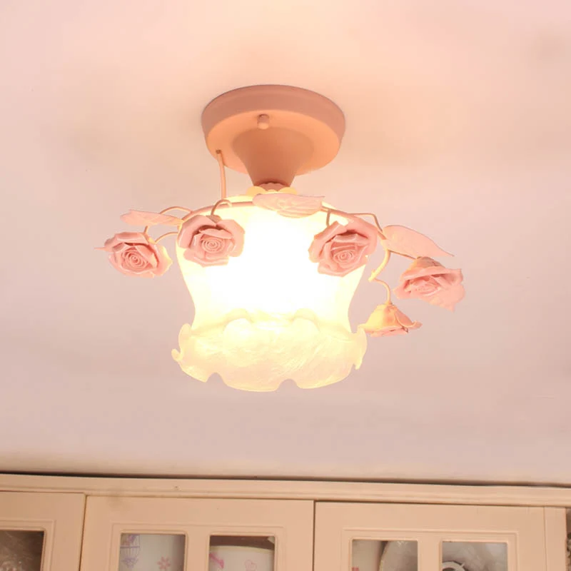 Plafonnier semi-encastré en verre blanc givré à volants, style pastoral, éclairage de plafond à 1 lumière pour salle à man...