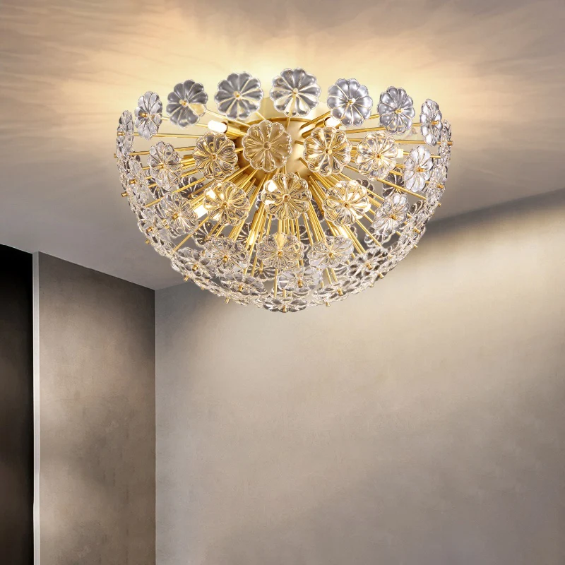 Plafonnier semi-monté en forme de fleur de cristal, moderne et élégant, finition dorée, plafonnier pour chambre à coucher...