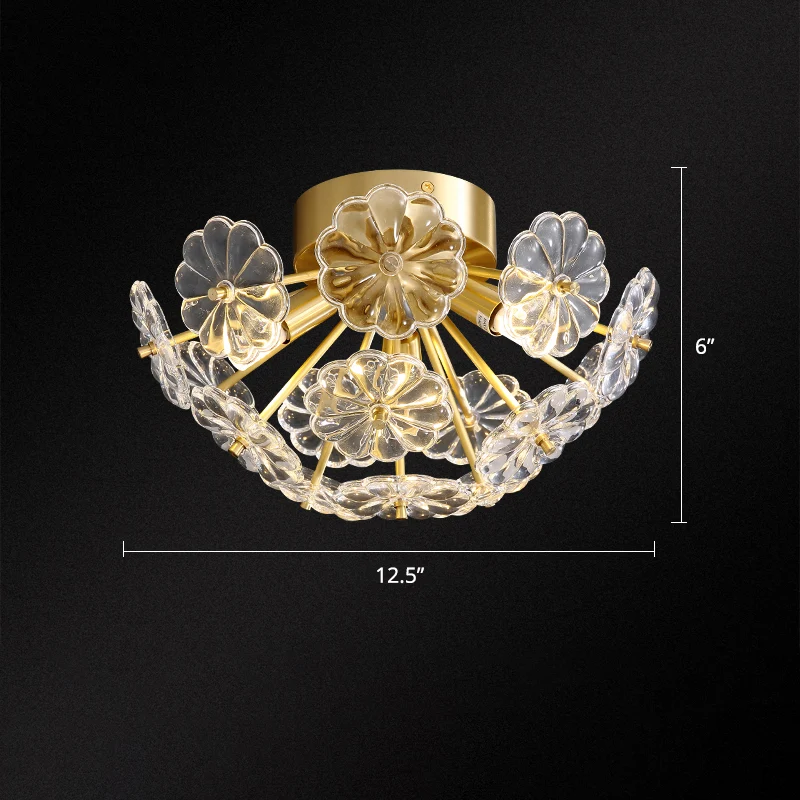 Plafonnier semi-monté en forme de fleur de cristal, moderne et élégant, finition dorée, plafonnier pour chambre à coucher...