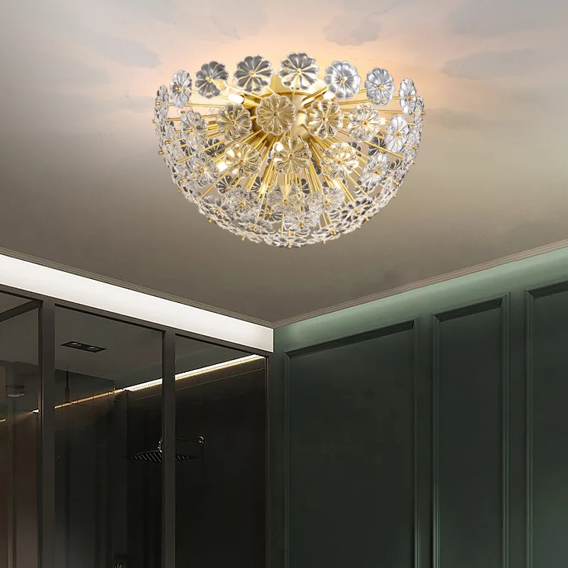 Plafonnier semi-monté en forme de fleur de cristal, moderne et élégant, finition dorée, plafonnier pour chambre à coucher...