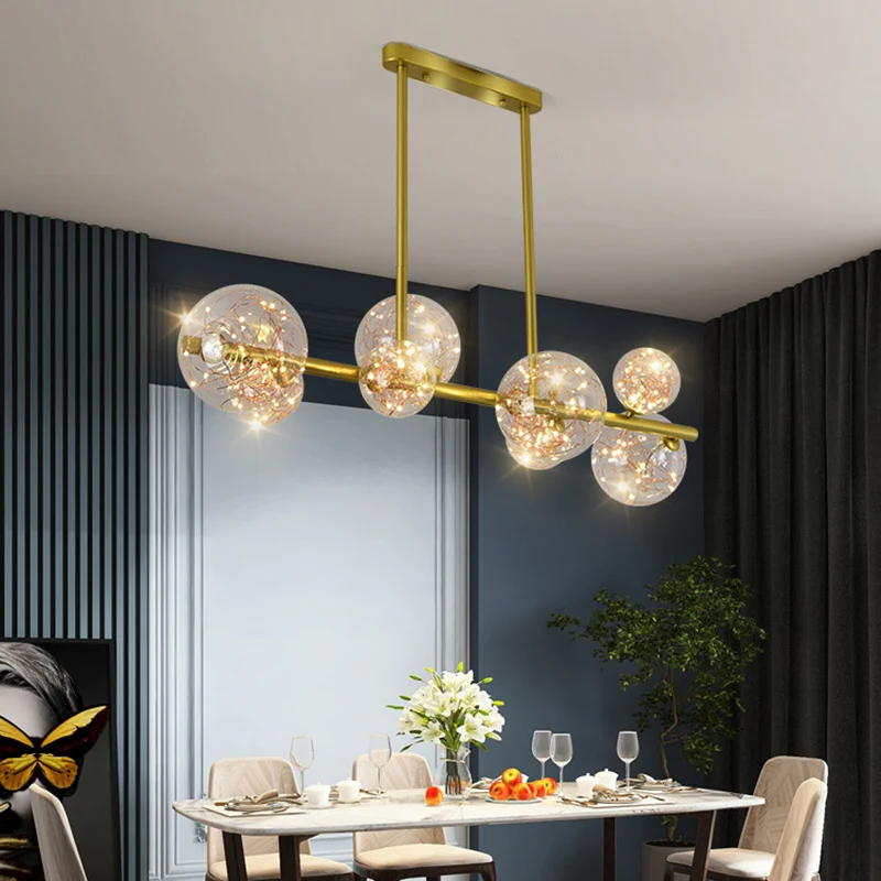 Plafonnier sphérique en verre transparent Mid-Century Gold Island pour table à manger Clearhalo