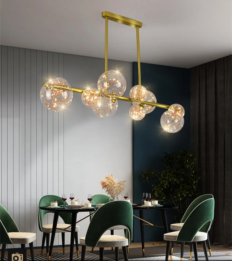 Plafonnier sphérique en verre transparent Mid-Century Gold Island pour table à manger Clearhalo